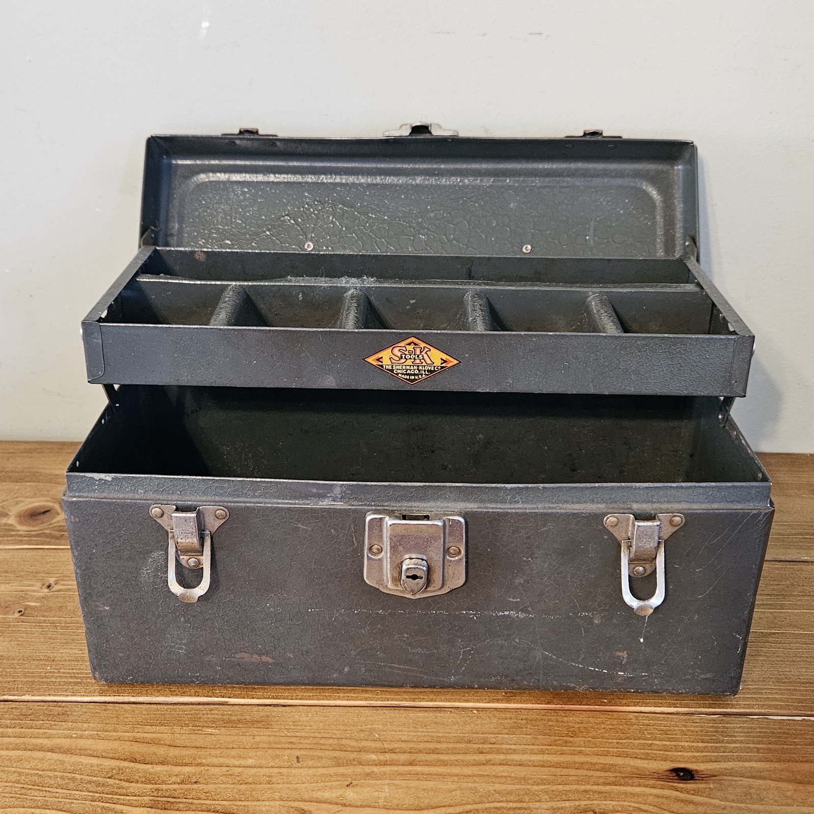 S-K Tools Tool Box SK w/Tray Metal Handle Sherman Klove USA Vintage 14″x6″x6.5″