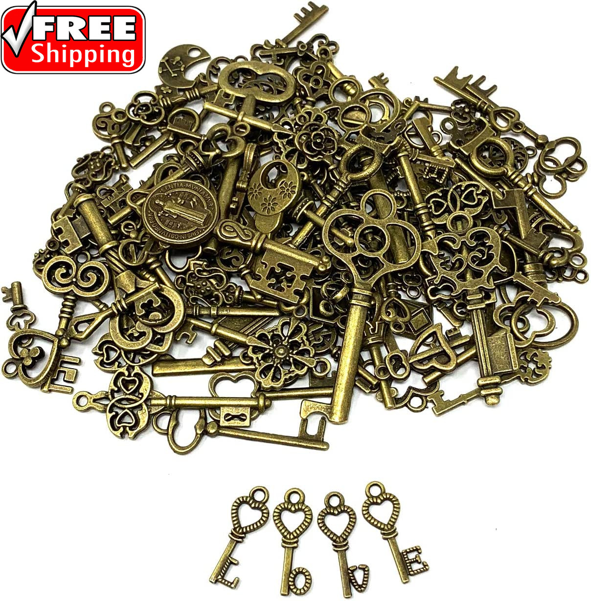 125 PCS Vintage Skeleton Key Set Charms, Mixed Antique Style Bronze Brass for P