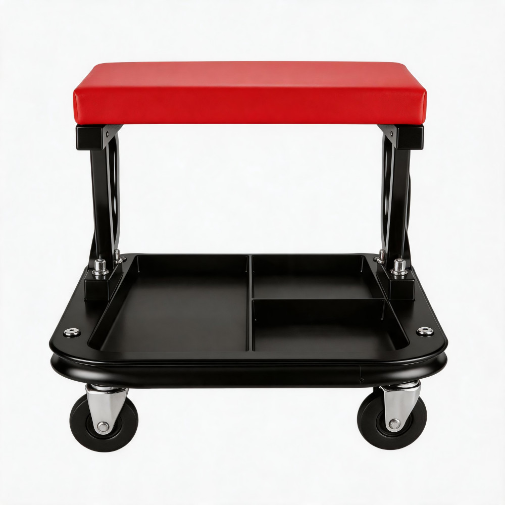 C-Frame Rolling Mechanic Stool Padded Seat with Storage Tray & Swivel
