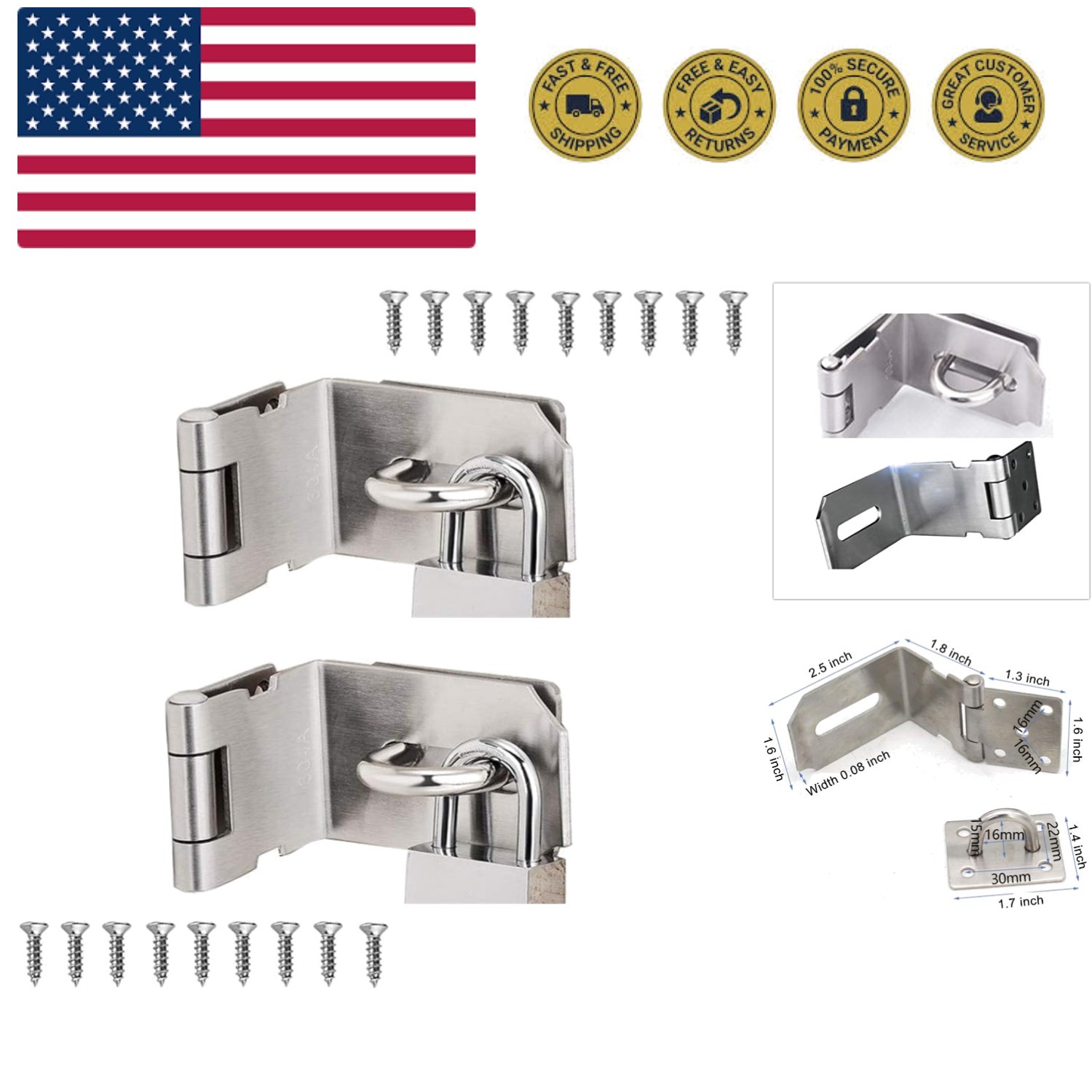 Elegant Polished 90 Degree Padlock Hasp – Easy Install, 2-Pack Security Latches