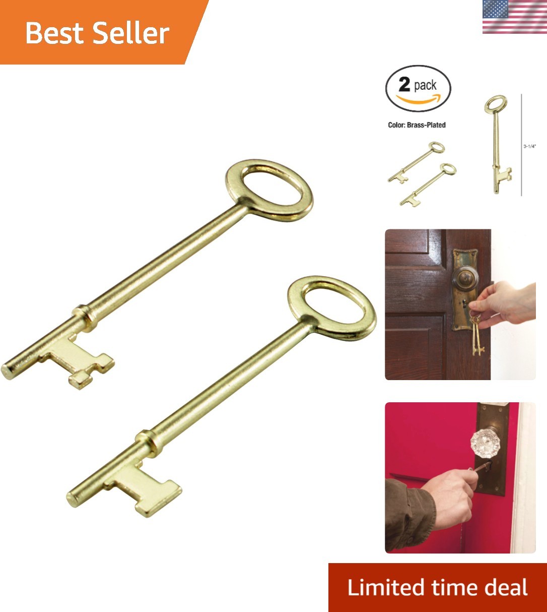 Durable Brass-Plated Skeleton Key Pair: Flat & Notch Tips for Vintage Locks