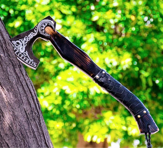 Handmade Viking Axe carbon Steel Head and Black Etching Design Viking axe VBA-06