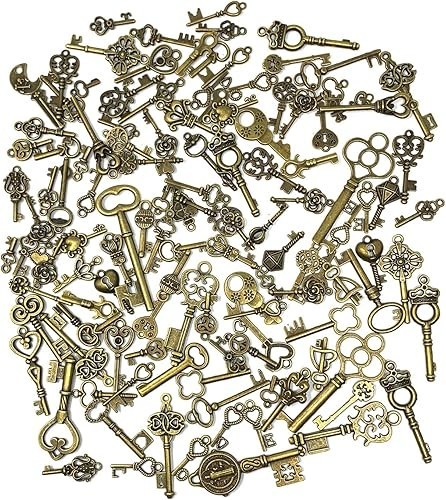 125 Pcs Vintage Skeleton Key Set Charms Mixed Antique Style Bronze Brass