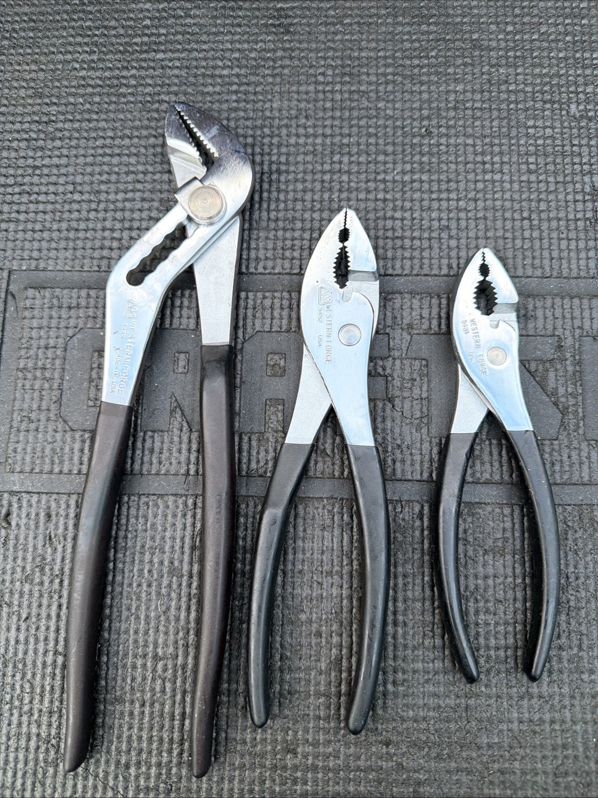 Very Rare Western Forge Branded Nos 3pc Plier Set Arc Joint Slip Joint 5451 5452