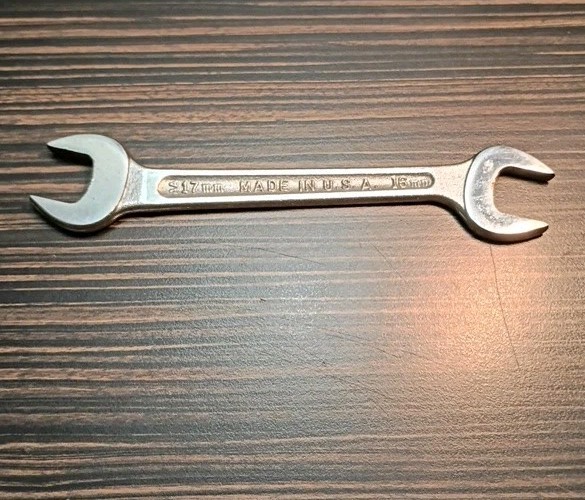 Vintage 16mm & 17mm Drop Forged Open-End Wrench, Made in USA, 6.5in.