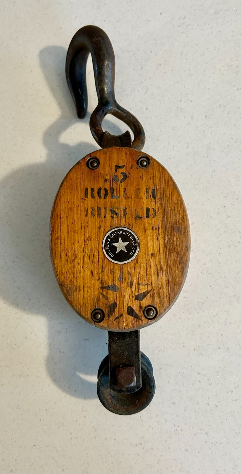 Boston & Lockport 5 Inch Wood Pulley Roller Bushed Star Brand Antique Nautical