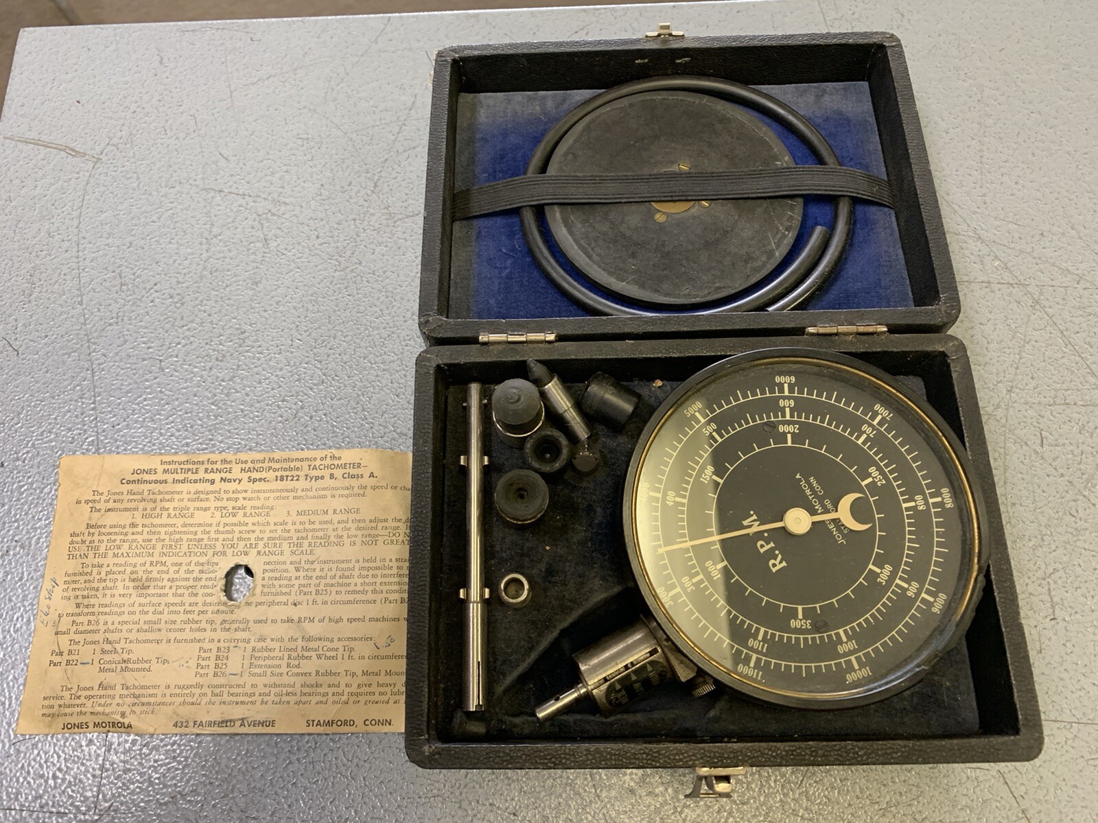 Vintage Jones Motorola Multiple Range Hand Tachometer 18T22 Type B for repair