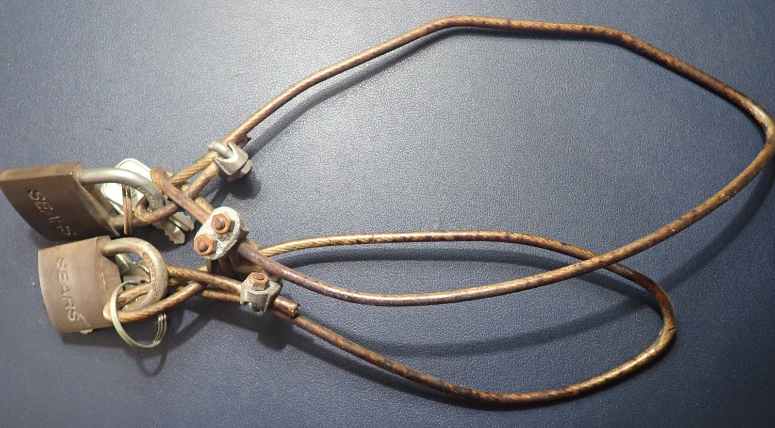 Lot of 2 Vintage Sears Brass Padlocks w/ Steel Cable Loops & 4 Keys Locks