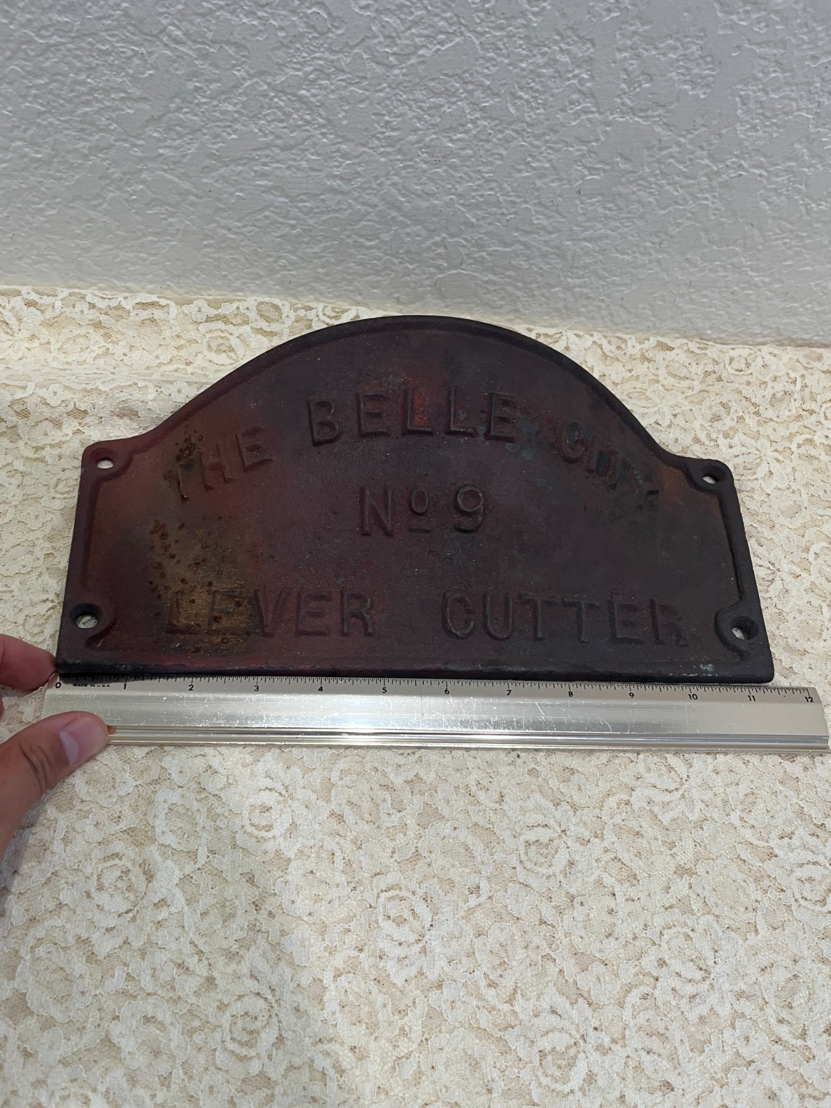 Antique The Belle City No 9 Lever Cutter Cast Iron Farm Tool Sign Plate 11.5”