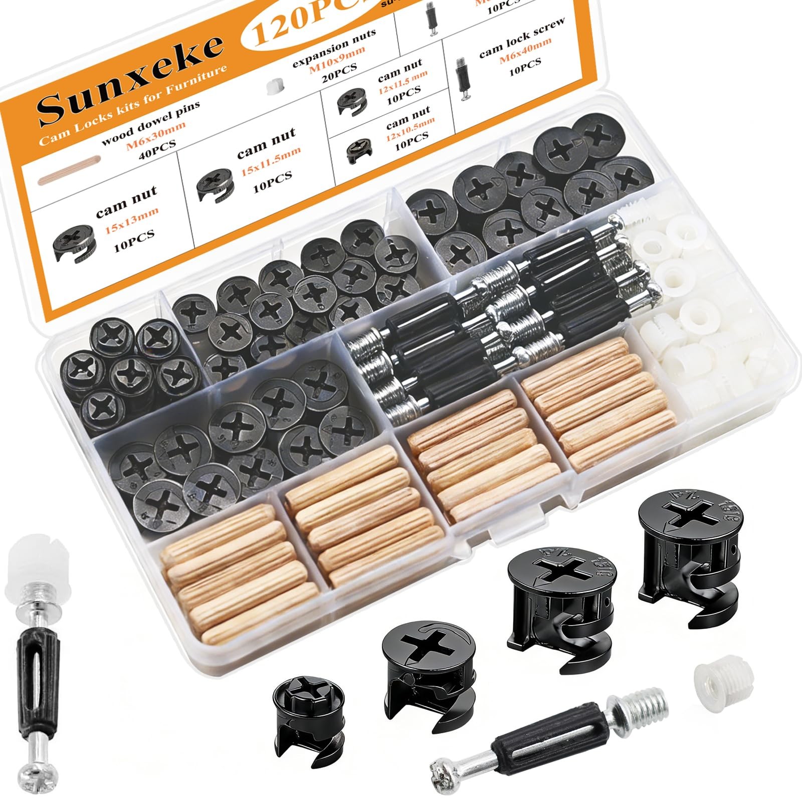 120 Pcs Black Cam Locks for Furniture 3 in 1 Eccentric Connector Hardware Kit