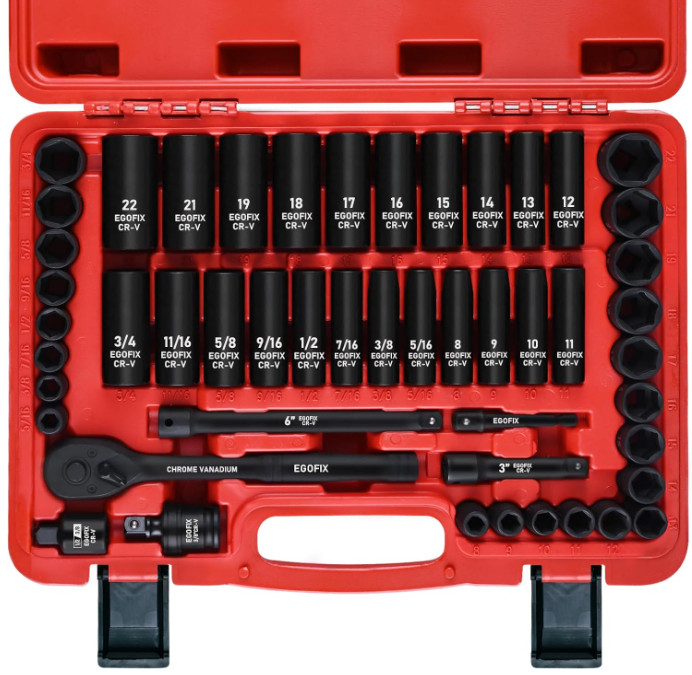 Juego Dados Impacto 3/8” 50pcs SAE y Métrico, Llaves 5/16 a 3/4 para Mecánica