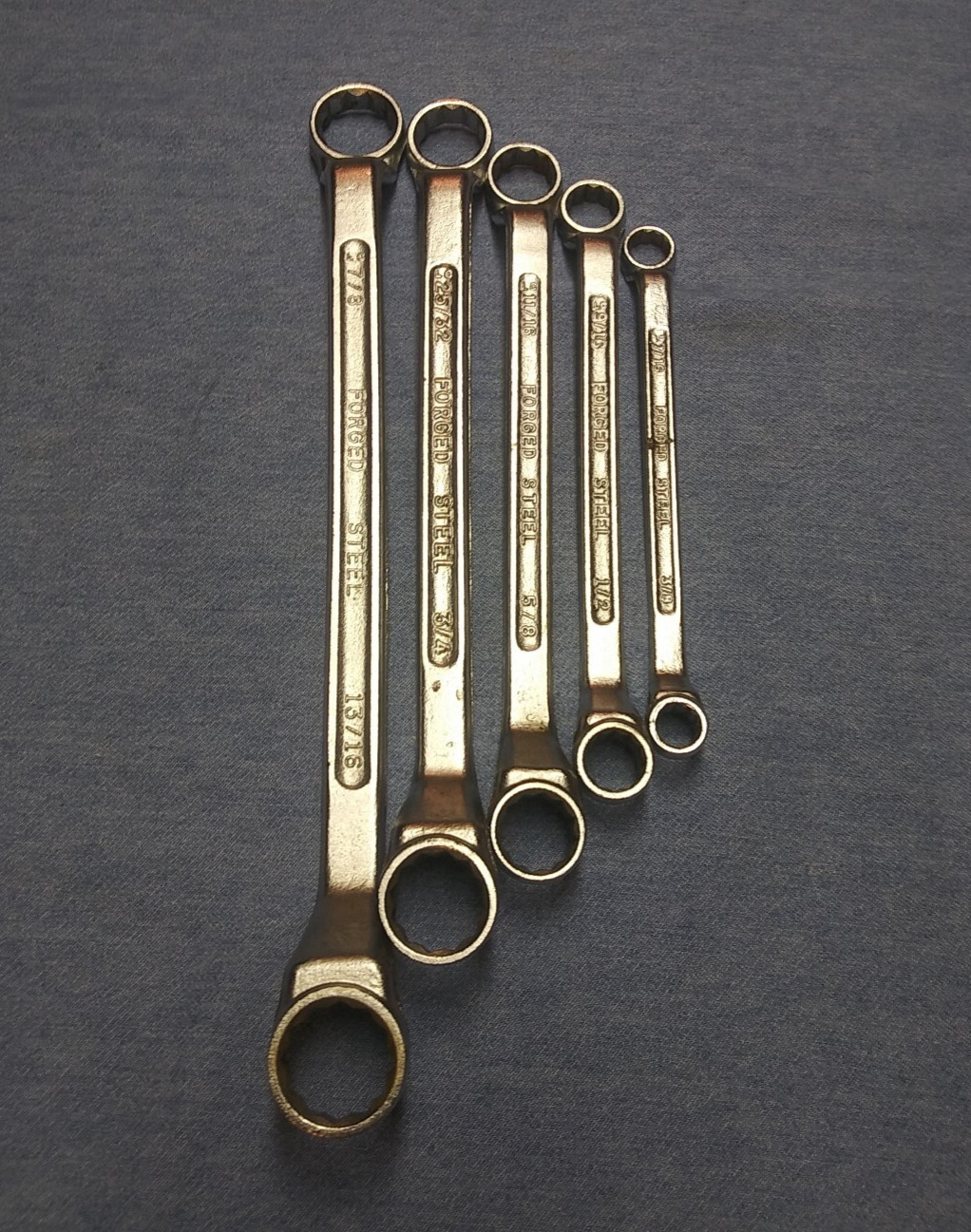 Vintage Set of 5 Unbranded Made in USA Forged Steel Offset Box End Wrenches