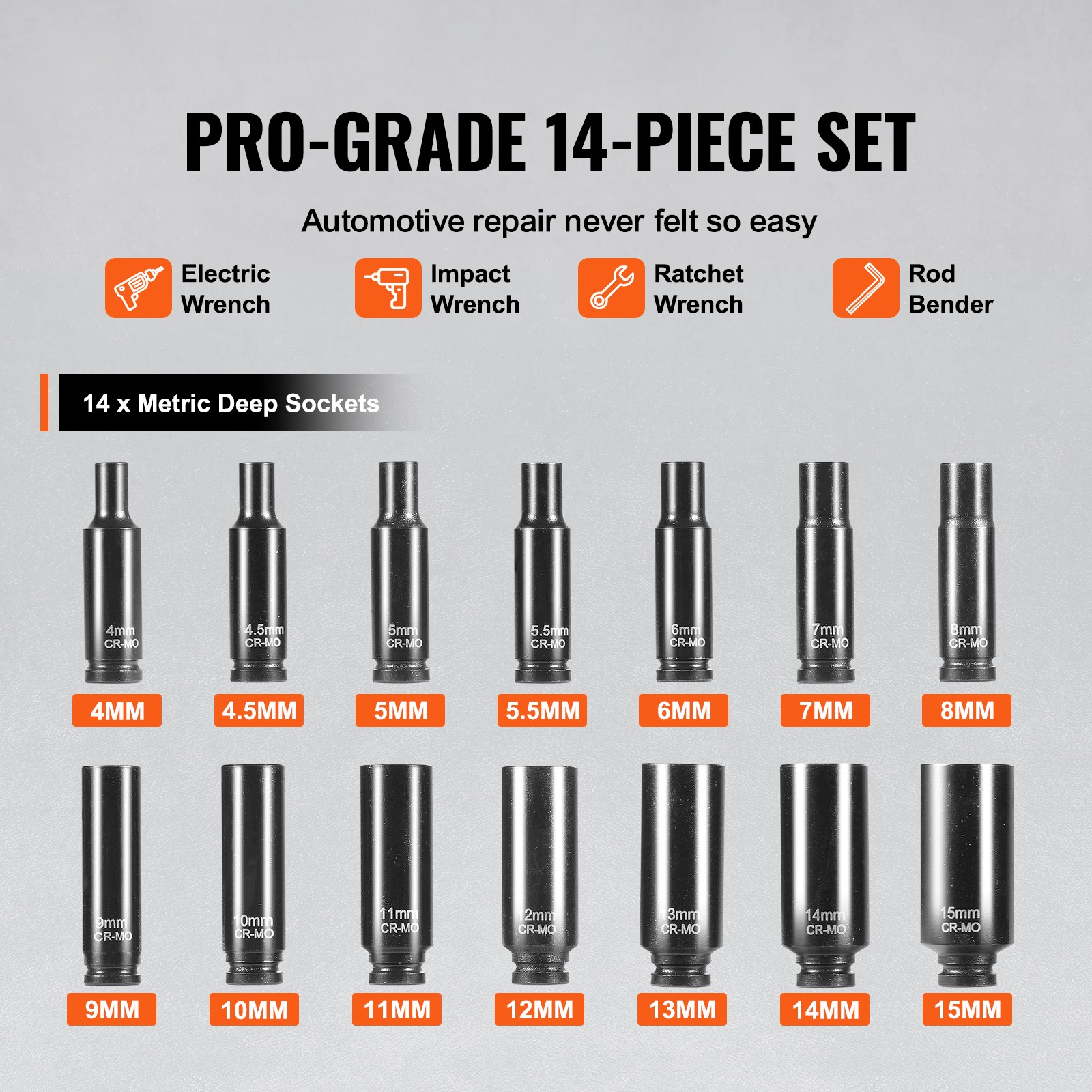 Impact Sockets Set 14pcs 6-Point 1/4″ Drive Bit Ratchet Tool Kit Case