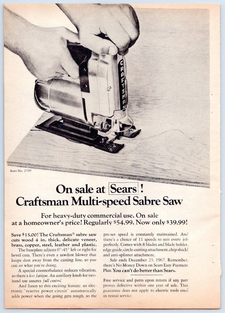 Craftsman Multi-Speed Sabre Saw Sears No 2799 Power Tool 1967 Print Ad