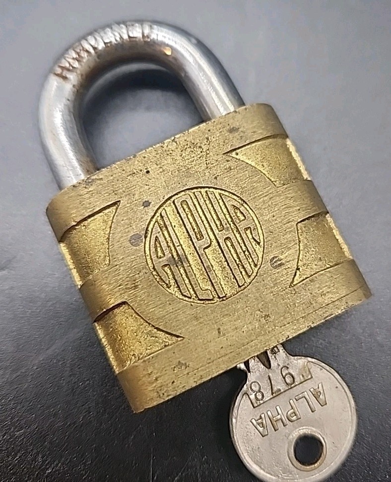 Vintage Alpha Hardened Brass Padlock with Original Key Signed US QMC Works Great