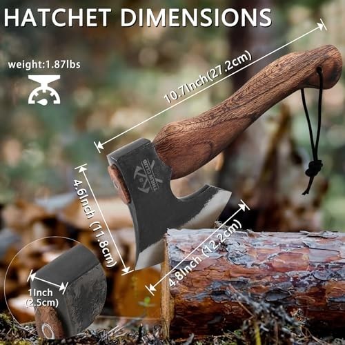 10.7″ Camping Hatchet Axe, High Carbon Steel, Leather Sheath, Bushcraft Tool for