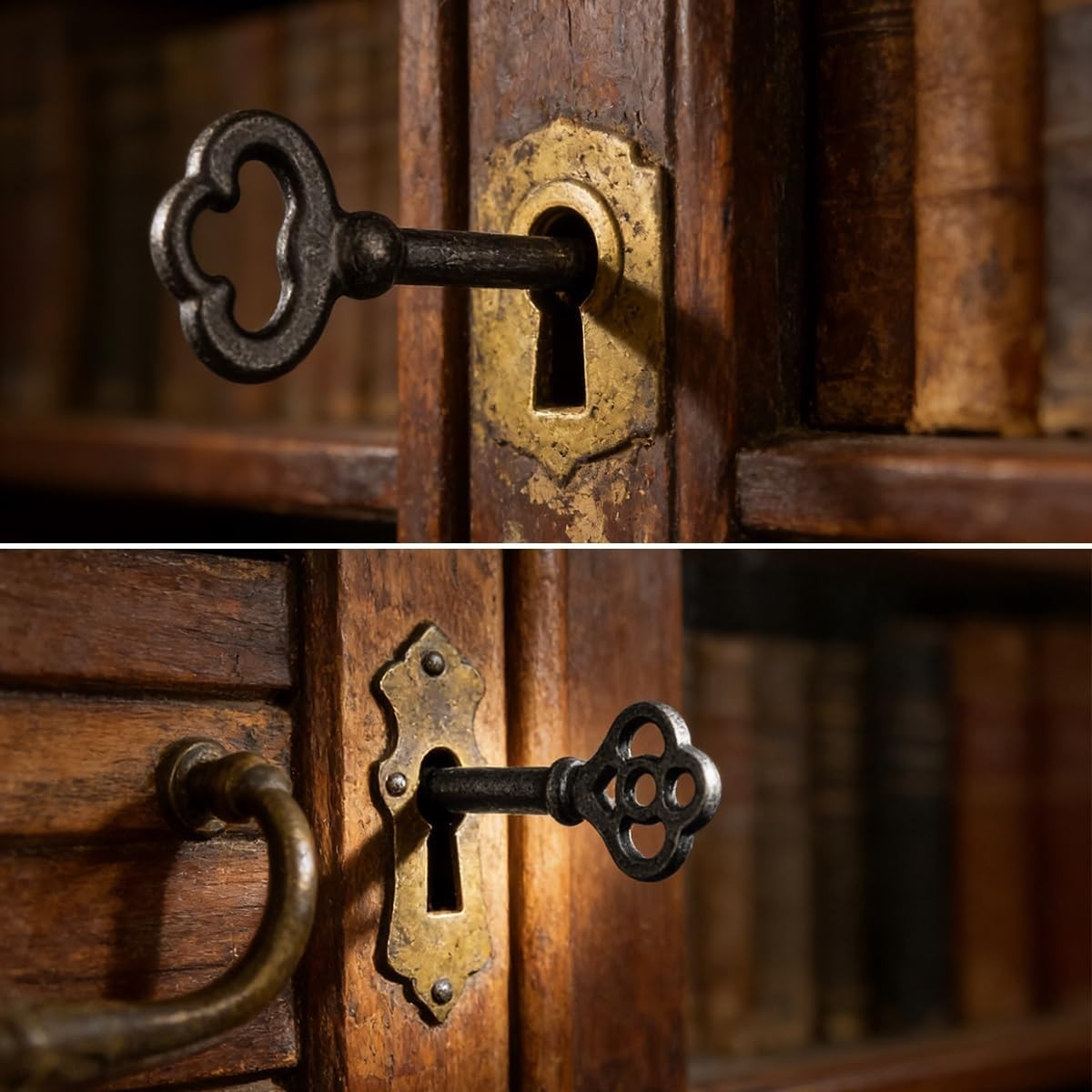 2 Pack Antique Brass Skeleton Keys for Vintage Furniture & Decorative Use