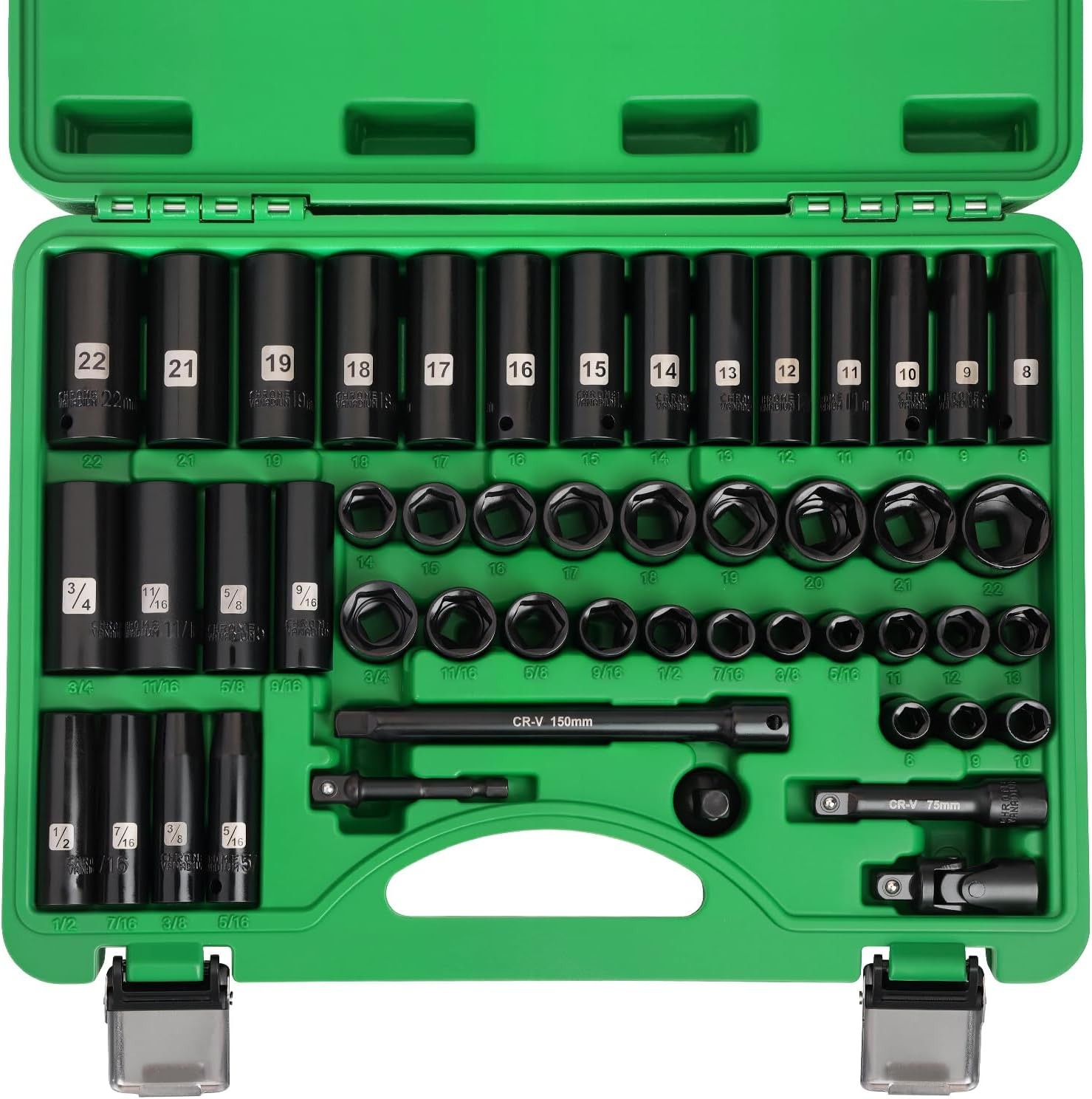 3/8″ Drive Impact Socket Set, 50 Piece Standard SAE (5/16 to 3/4 inch) and Me…