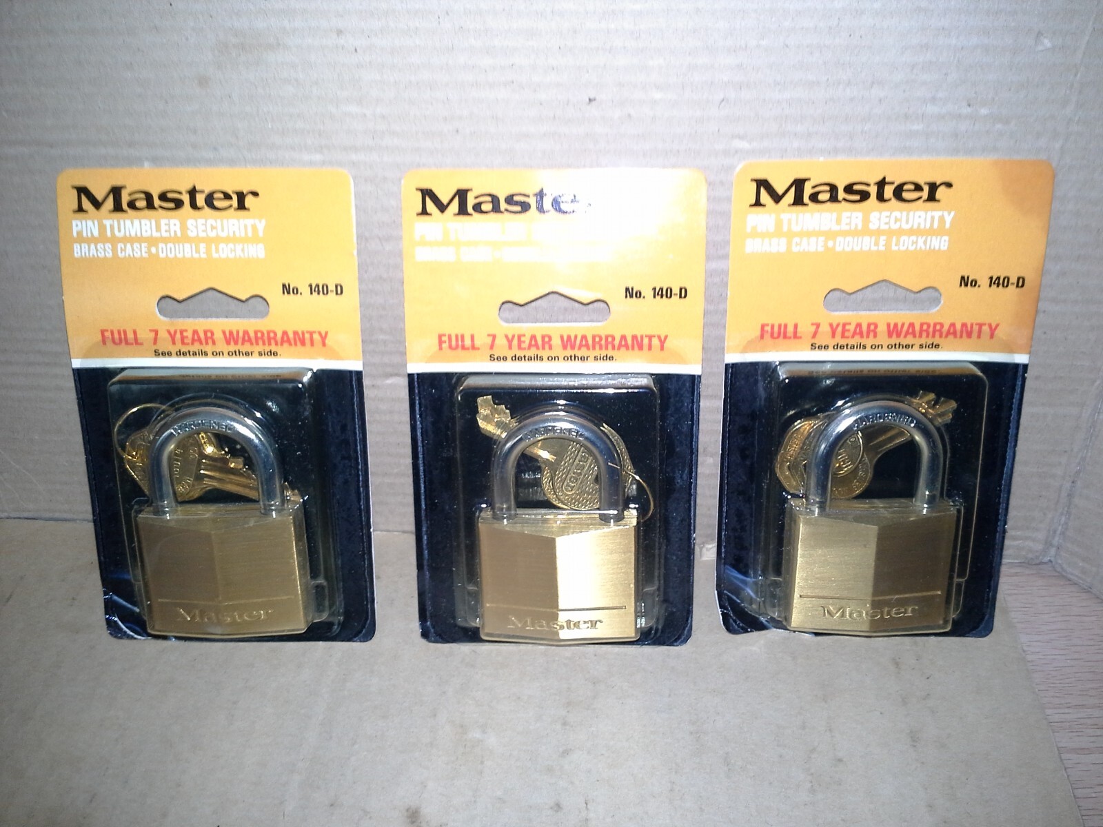 VTG. 3PK Master Lock 140-D 5-Pin Tumbler Brass Case Security Lock. NOS