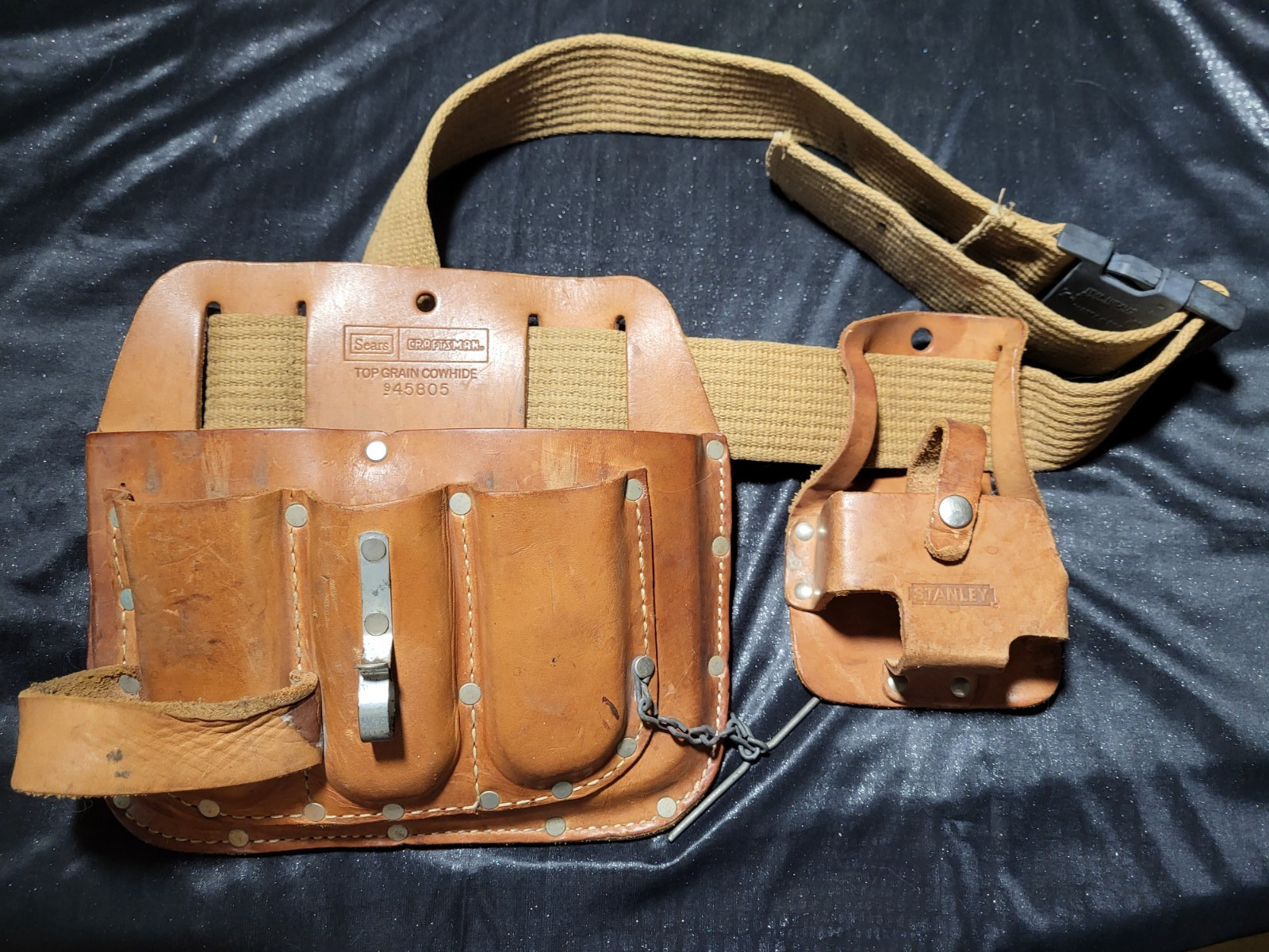 SEARS CRAFTSMAN 45805 & STANLEY TOOL POUCH-BELT-LEATHER & HEAVY CANVAS BELT-