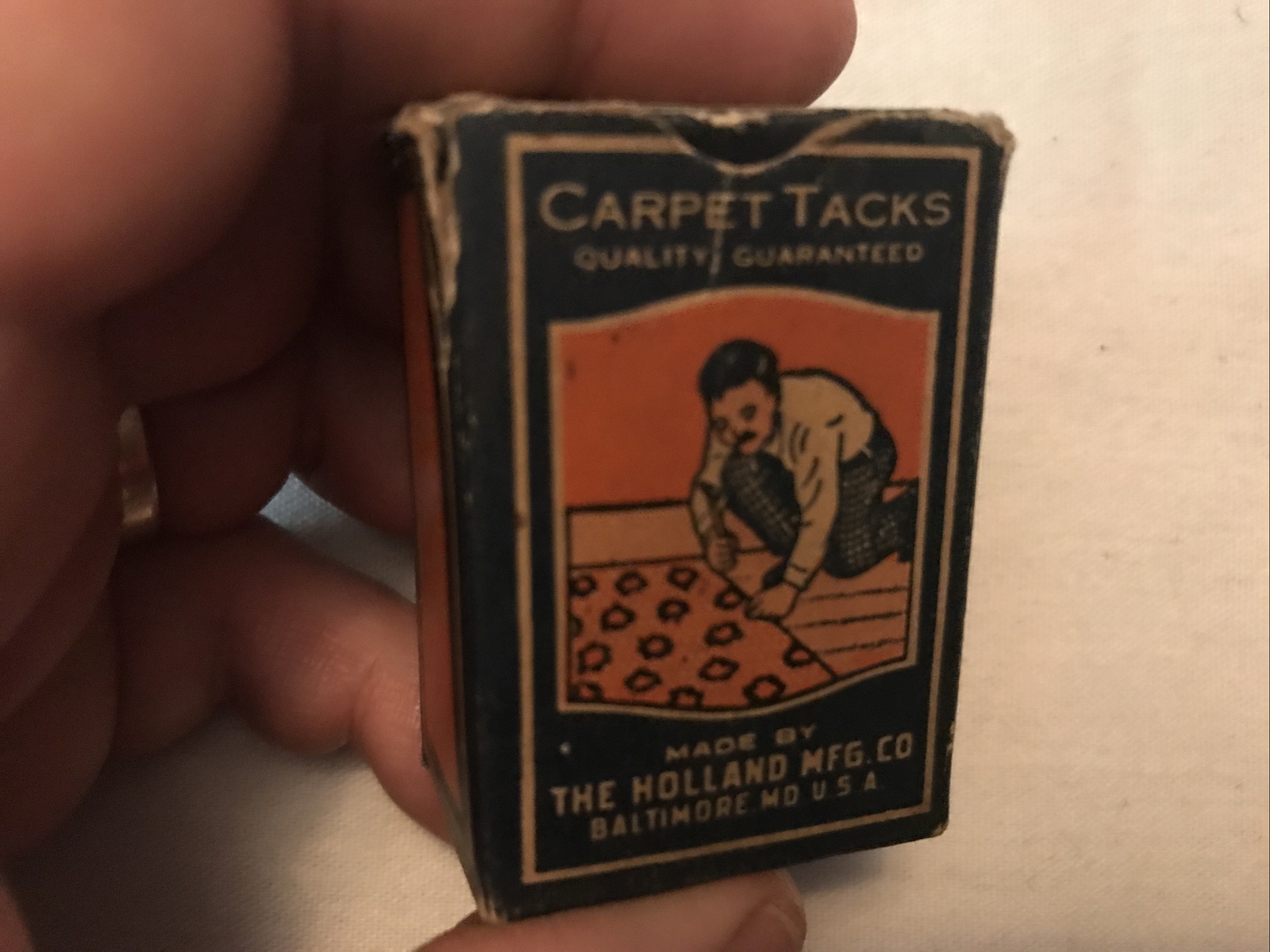 The HOLLAND Mfg. Co. Vintage Carpet Tacks Box, Great Graphics, Baltimore, Md.