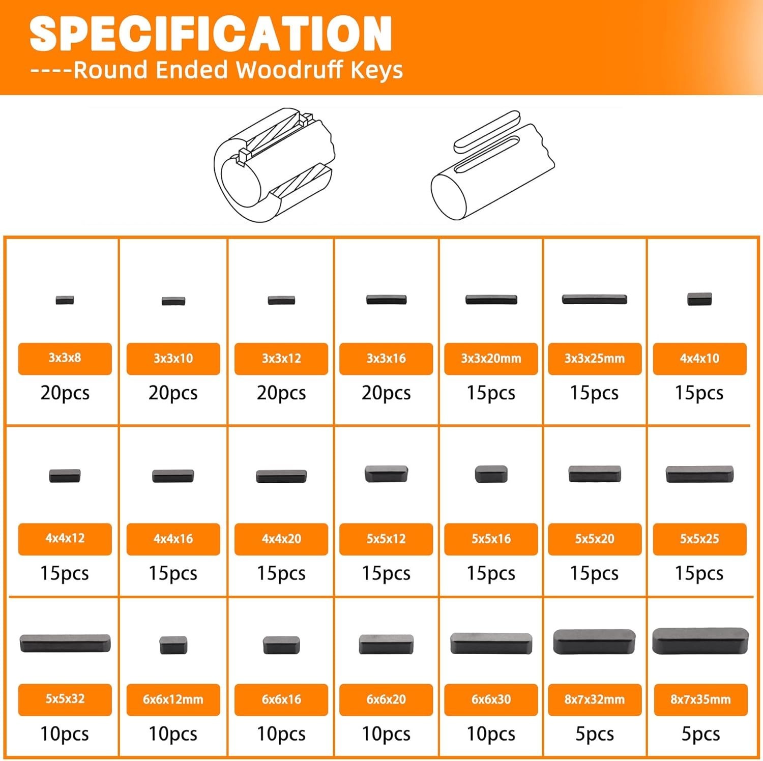 Versatile 530-Piece Woodruff Key Set with Precision Storage for Machine Parts