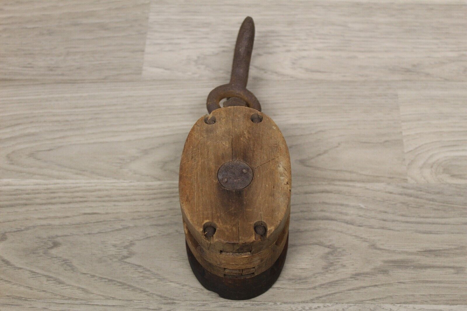 Antique/Vintage Wood Pulley Block 2 Sheave Brand Illegible Very Solid