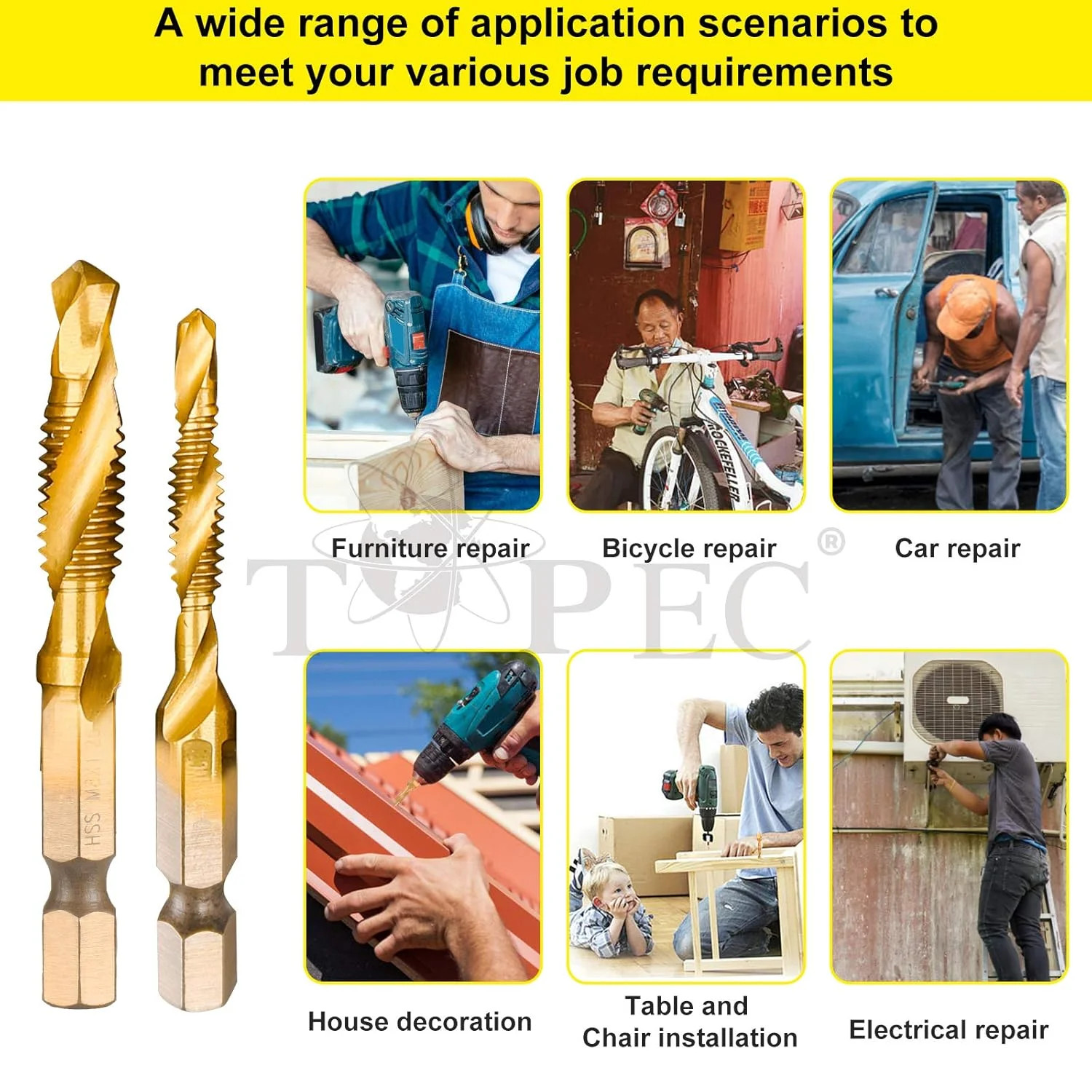TOPEC Tap Bit Set, 3-in-1 HSS Titanium Coated Combination Drill and Tap Set for