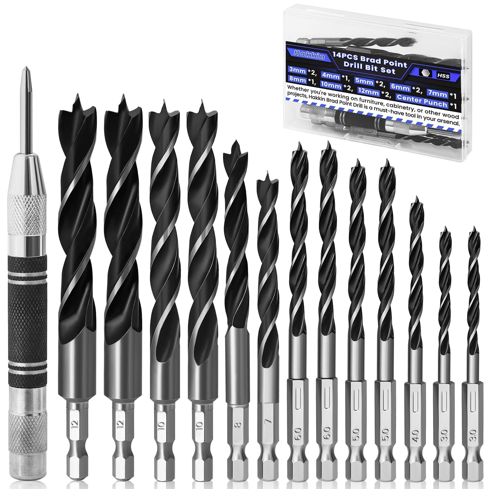 13PCS Hex Shank Brad Point Wood Drill Bit Set with Center Punch, 3/4/5/6/7/8/…