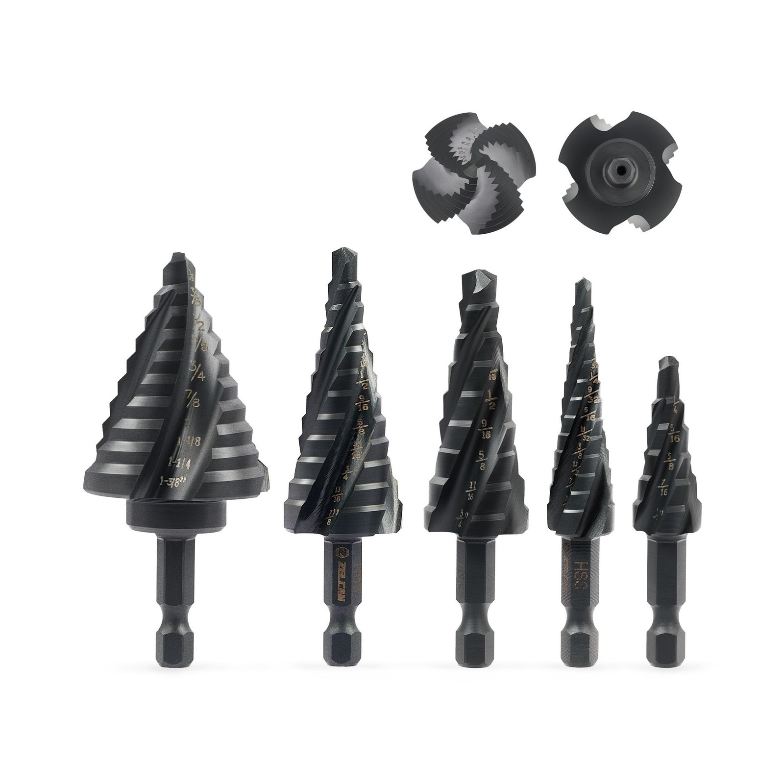 Step Drill Bit Set, 5PCS Four Spiral Flute Step Bits for Metal, 50 Sizes Tita…