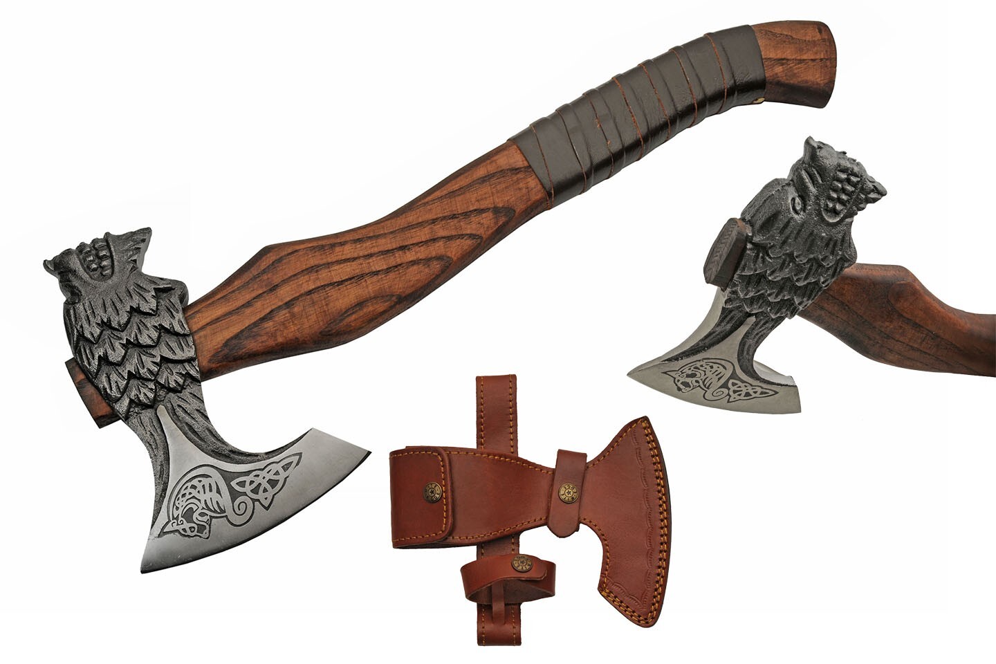 19″ Hammer Wolf Axe With Leather Sheath Burnt Ash Wood Handle