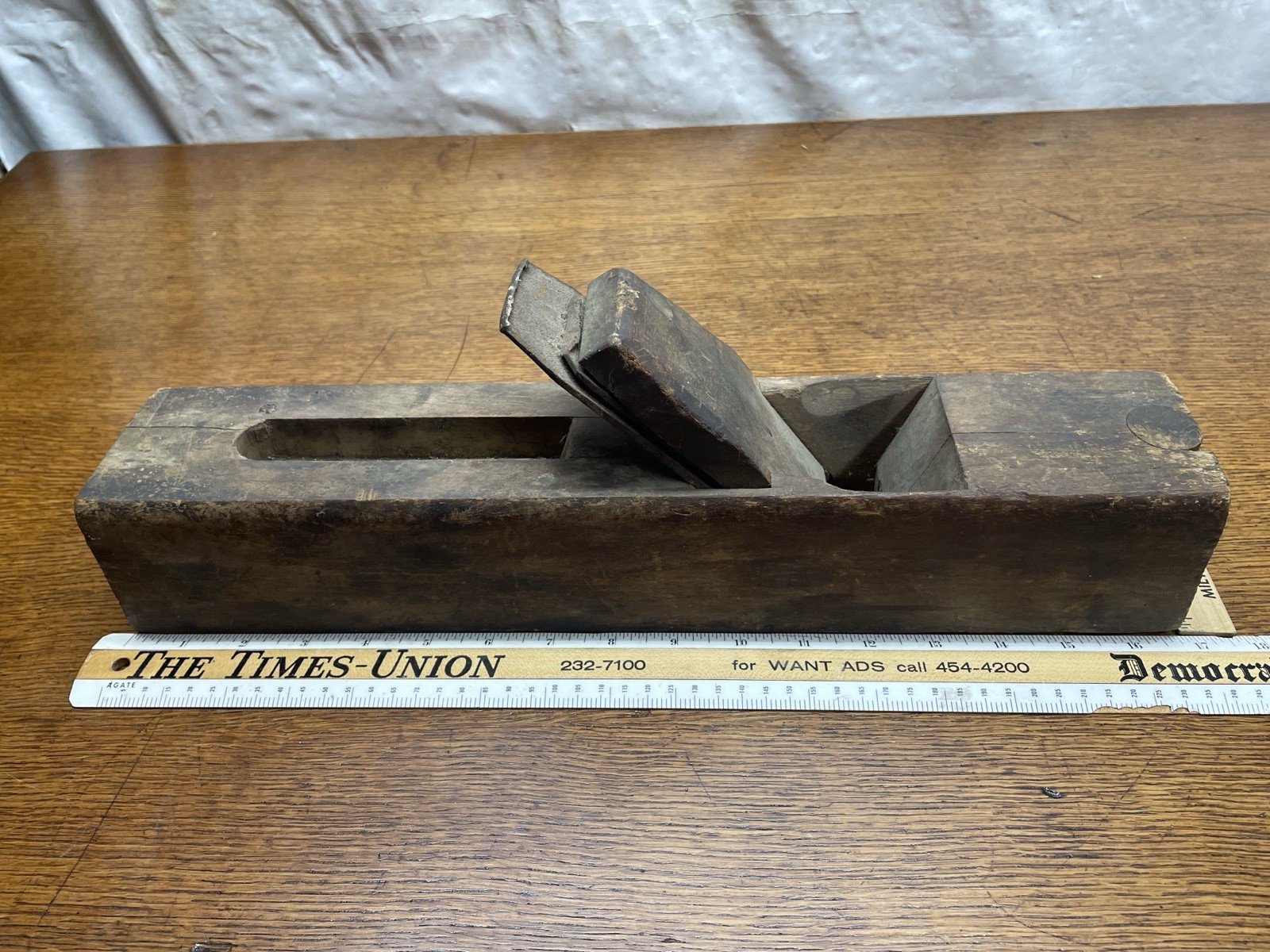 Antique Wooden Jointer Hand Plane 16.75 X 3 in with Wedge and Iron
