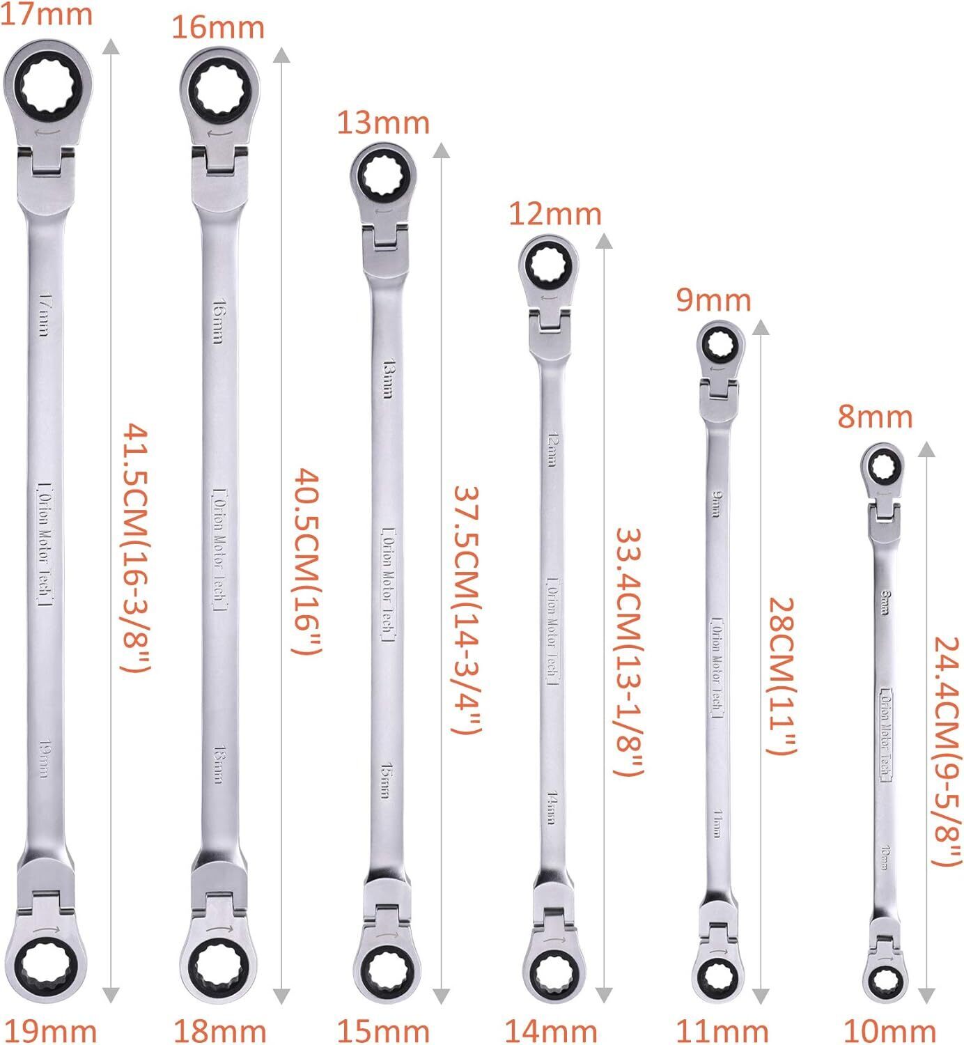 6-Piece Metric 8mm-19mm Extra Long Gear Ratcheting Wrench Set XL Extended Handle