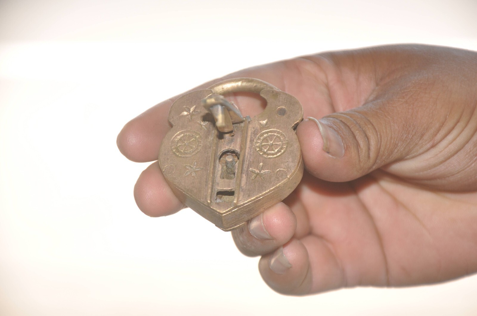 Vintage Brass Heart Shape Circles & Flowers Engraved Handcrafted Pad Lock