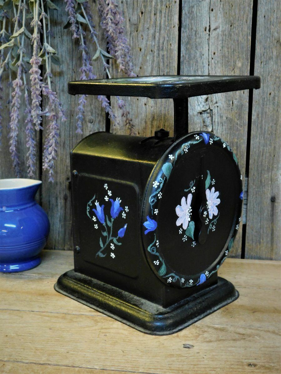 Antique Primitive Kitchen Scale Hand Painted Folk Art Blue Flowers