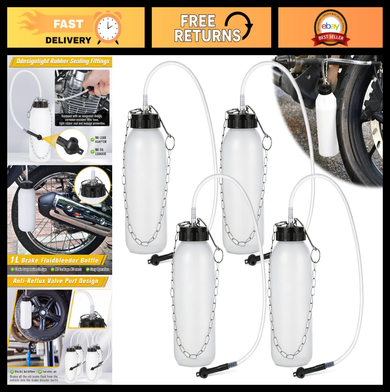 4pcs 1L Brake Bleeder Kit – One Person Tool with 20″ Tube & Rubber Connector for