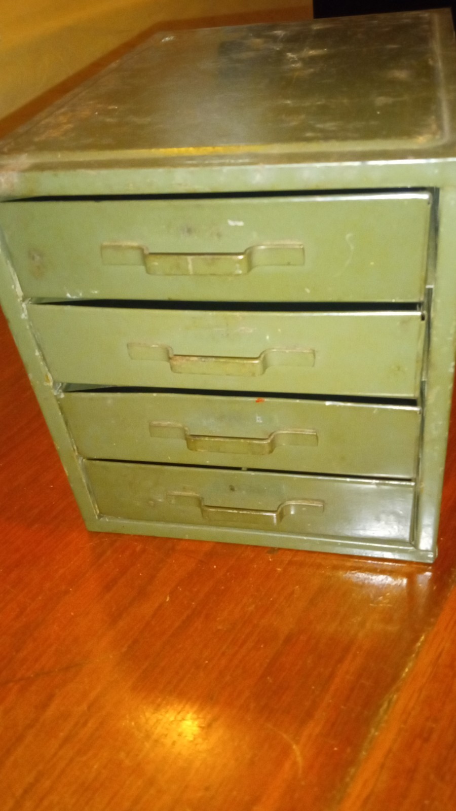 Vintage 4 Drawer Green Metal Parts Cabinet Tool Box Organizer bin 6″ X 6.5 X 8.5