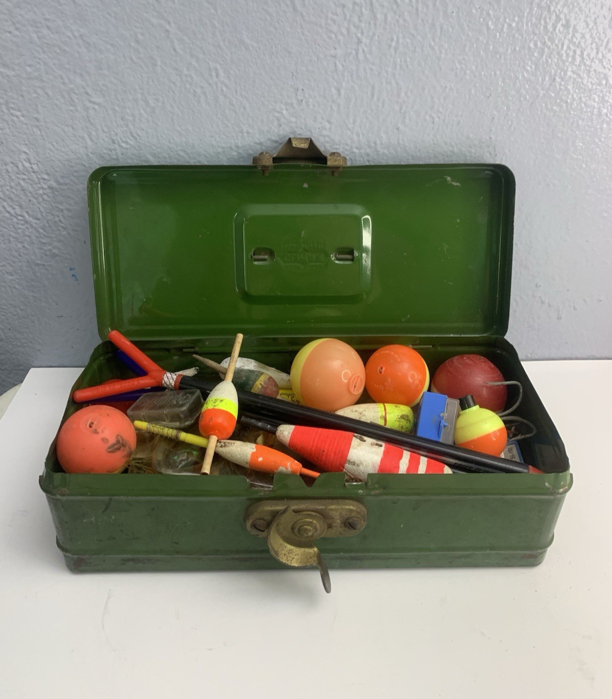 Vintage Climax Green Metal Tackle Box Loaded with Tackle Patina Wear Good