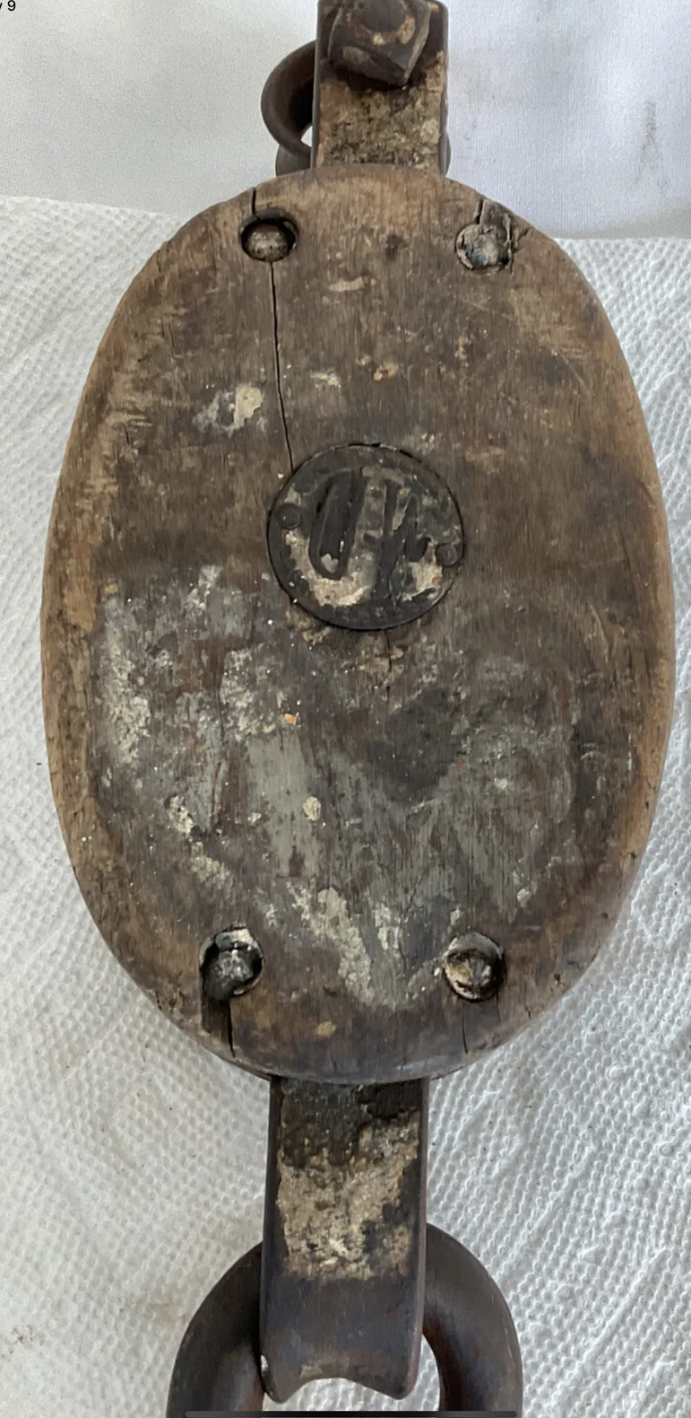 Vintage U-W Antique Farm Equipment Wooden Block Tackle Pully Hook /Great Display