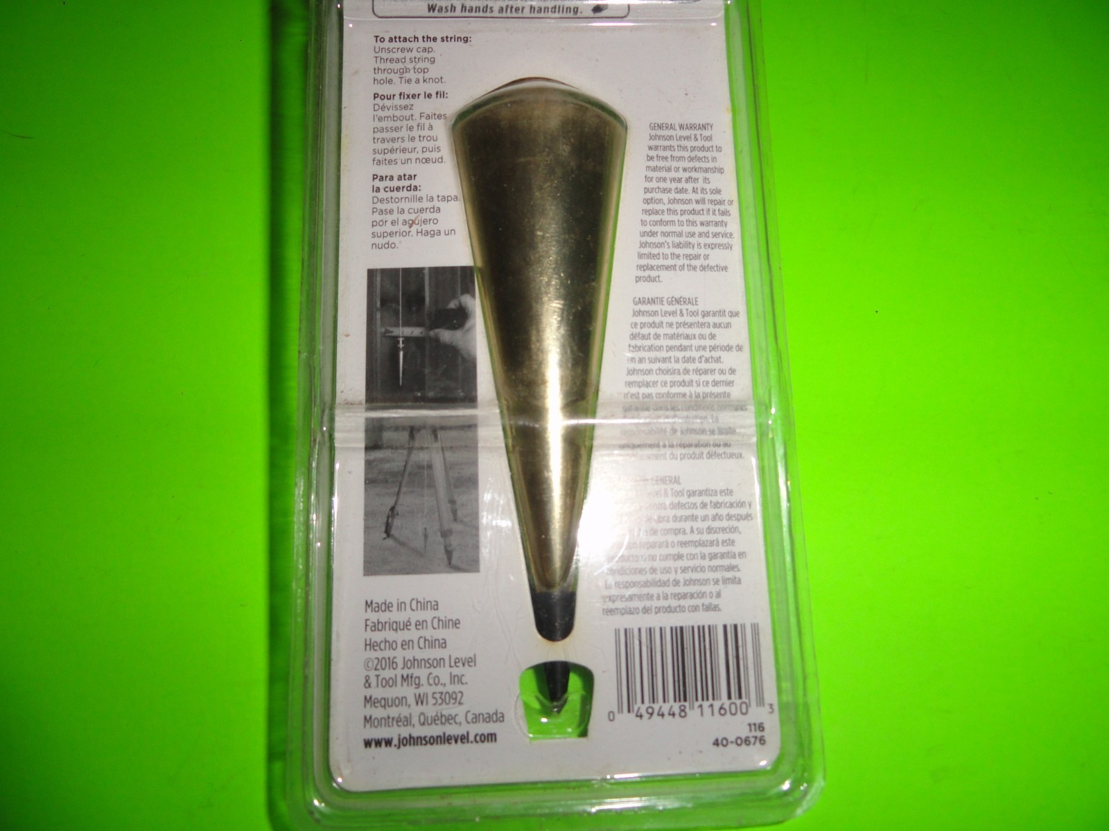 Johnson Level & Tool 116 Plumb Bob 16 oz. Brass Plating Steel Tip Removable Cap