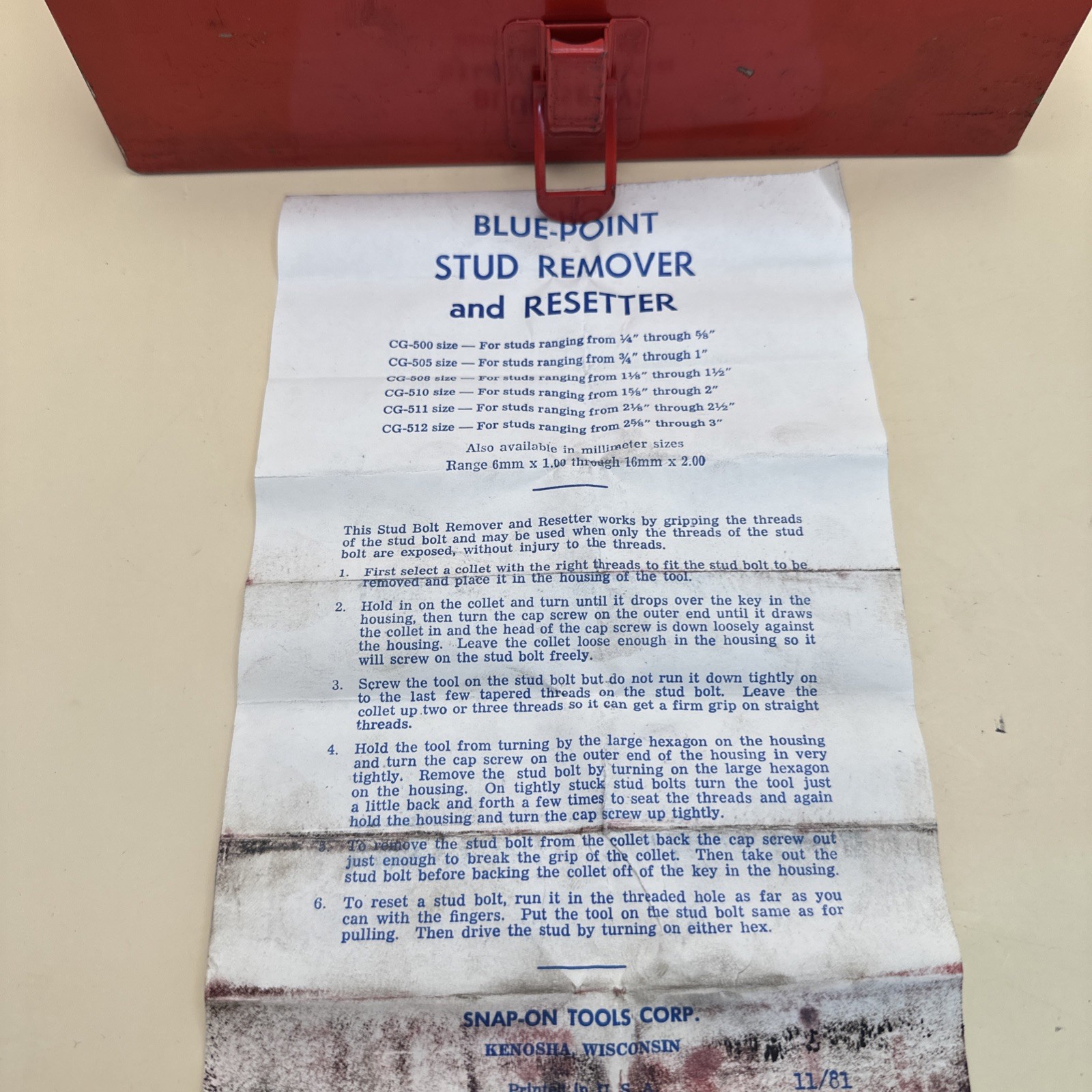 Vintage Snap-On Blue-Point CG-500 Stud Remover & Resetter Set Case Manual USA