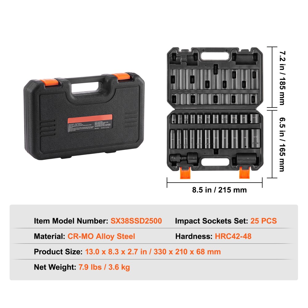 25 Piece Impact Sockets Set 6-Point 3/8 Inch Drive Bit Ratchet Tool Kit Case
