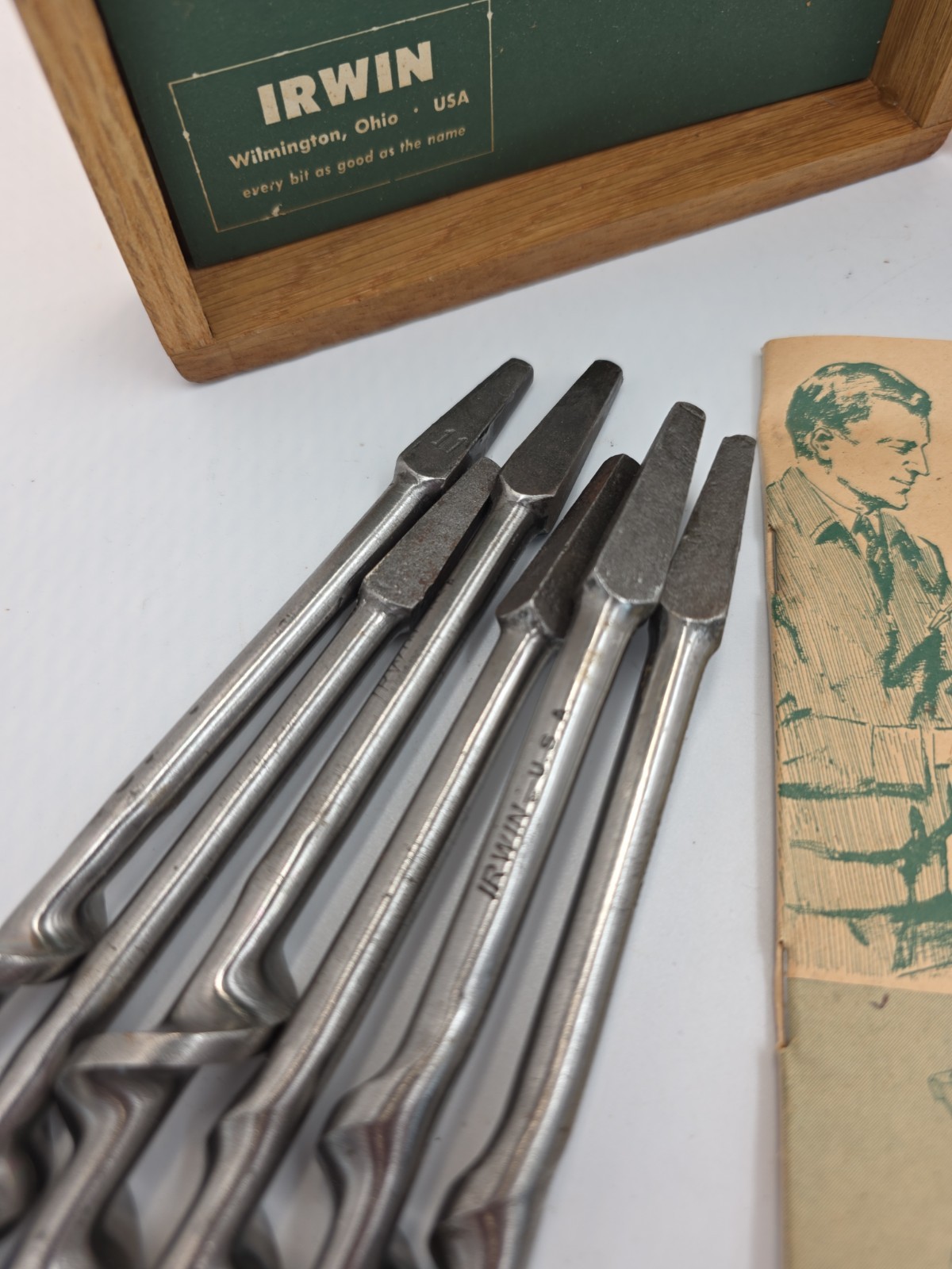 VTG Irwin Auger Bit Set 13 Pc Wood Case Brace Hand Drill Jennings W/ Manual USA