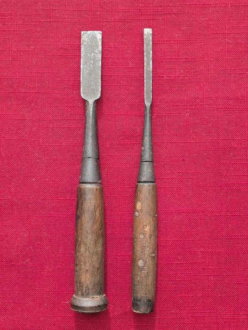 Two Piece Antique Woodworking Chisel Drill Set with Wooden Handles Vintage