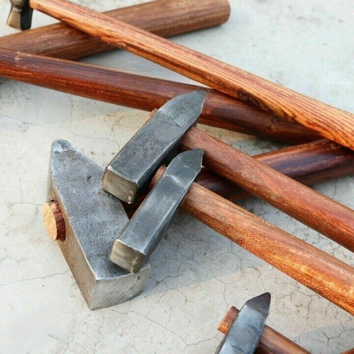 Set of 10 Black Iron Hammer Blacksmith Wooden Handle Heavy Duty Forging Tools