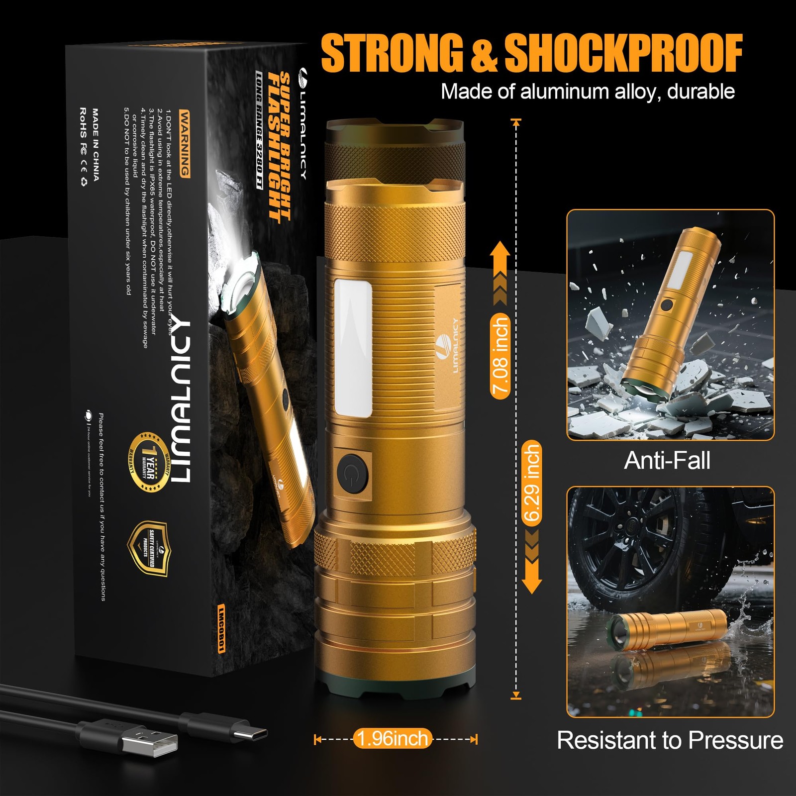 limalnicy Rechargeable Flashlights High Lumens 100,000 Long 1 Pack, Gold