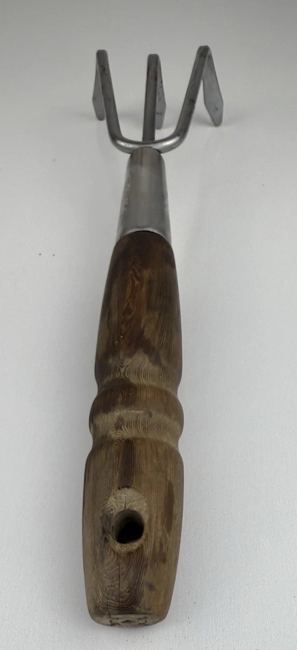 Vintage Hand Cultivator Claw Rake 3 Prong Stainless Steel Turned Wood Handle