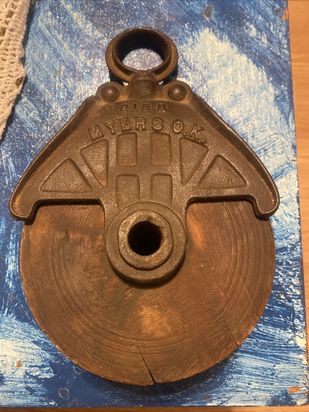 Vintage Myers O.K. Farm Barn Hay Pulley H-311 Cast Iron w/ Wooden Wheel