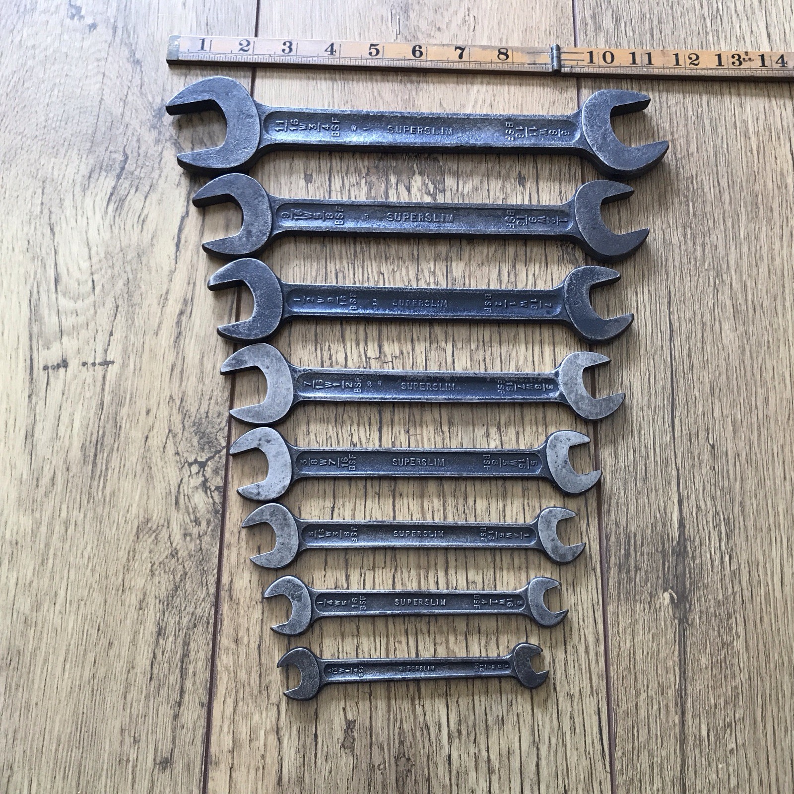 8 Vintage TW Superslim 11/16” To 1/8″ Whitworth Spanners With Letter No 3.