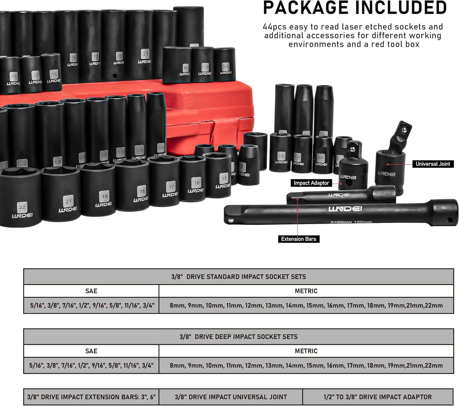 LLNDEI 3/8″ Drive Impact Socket Set SAE and Metric (5/16″- 3/4″, 8-22mm) 48pc…